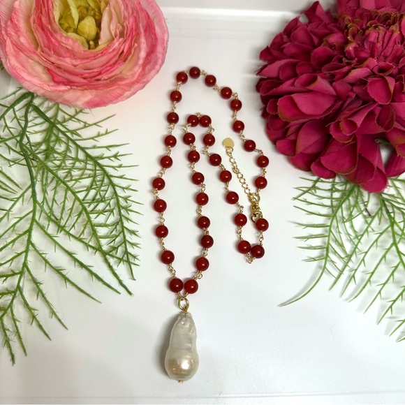 NEW⚜️Red Jade & Freshwater Pearl Handmade Necklace - Picture 3 of 7